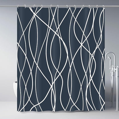 Striped Shower Curtain for Bathroom, Aegean Blue, 72" W x 72" L | with Hooks, Modern Hotel Style, Water Repellent, Washable, Weighted Hem