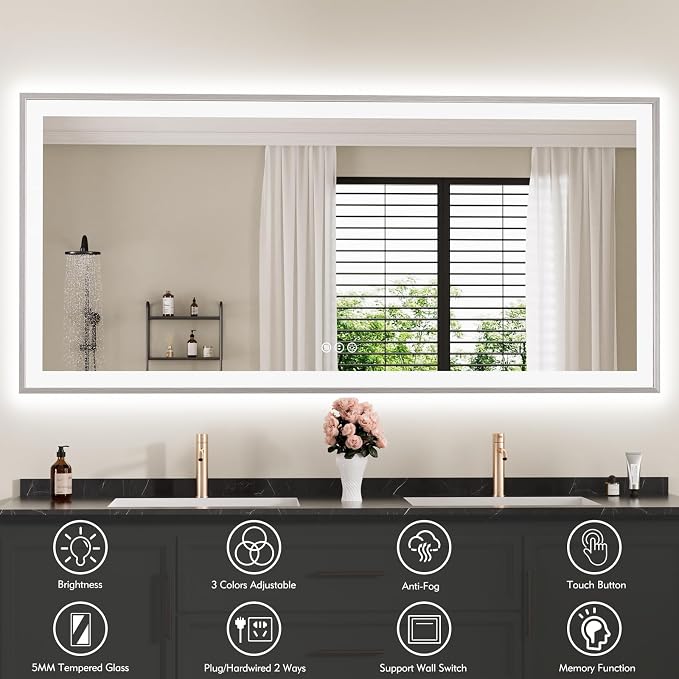 60x28 Inch LED Bathroom Mirror with Silver Frame | Silver Metal Frame, Front and Backlit, 3 Colors, Dimmable, Memory, Anti Fog, Tempered Glass, Lighted Mirror for Wall