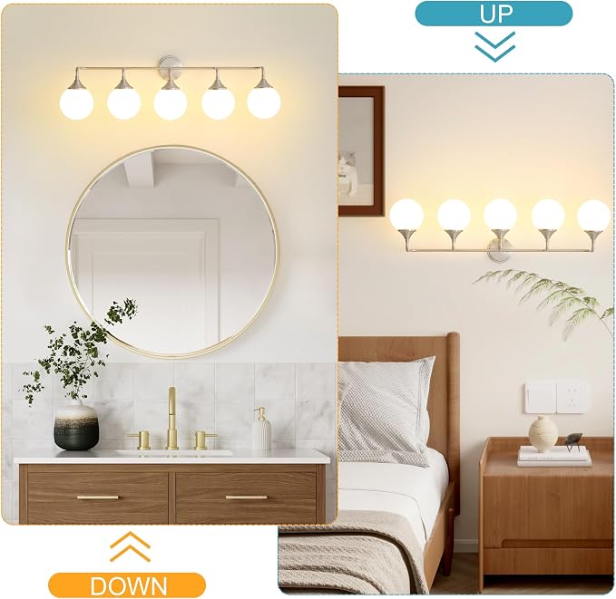 Brushed Nickel Bathroom Light Fixtures Over Mirror Vanity 5-Light | Mid Century Modern Brushed Nicke Wall Sconce with Milky White Glass Ball Shades for for Bathroom Dressing Table Bedroom