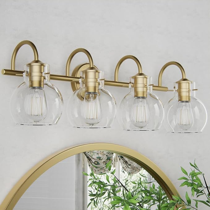 4 Lights Bathroom Vanity Light Fixtures Over Mirror Modern Gold | Wall Sconce,Brass Gold Painted,Globe Glass Shade,E26 Base,UL Certified,Anti-Rust,Damp Rated,Bathroom Bedroom Living Room