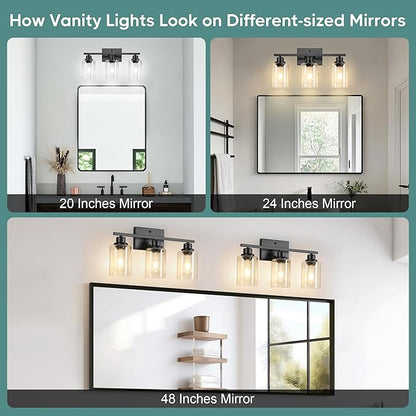 Ascher Bathroom Light Fixtures, 3-Light Vanity Light Over Mirror, Matte Black Wall Sconces with Clear Glass Shades, Wall Lamp for Living Room Bedroom, E26 Base(Bulbs Not Included)
