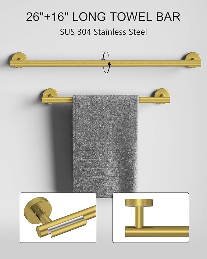 Wall-Mount Towel Bar Bathroom Hardware Accessory Set 12-Piece | Brushed Gold,Stainless Steel,Wall Mount,Bathroom Hardware Set,Simple DIY installation,Stain-resistant and easy to maintain