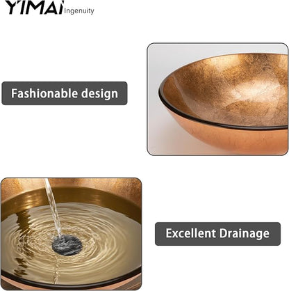 YIMAI 16" Gold Glass Vessel Sink Tempered Glass Above-Counter Bathroom Sink Bowl, Countertop Vanity Basin with Matching Faucet & Pop-Up Drain Included, Easy Install for Master or Powder Room