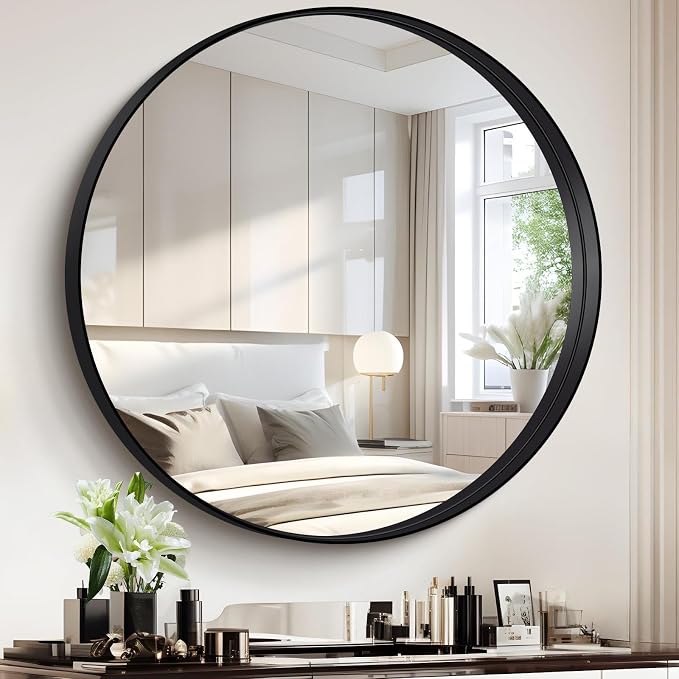 Black Round Mirror 36 inch Deep Frame Circle Mirror, Metal Framed Bathroom Mirror, Round Vanity Mirror, Circle Mirrors for Wall Entryway Bedroom Living Room Hallway