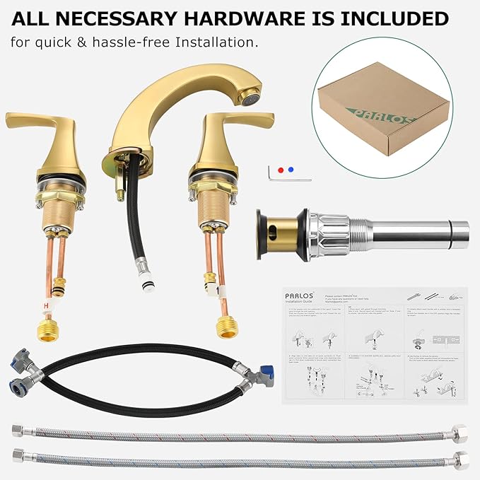 PARLOS 2-Handle Widespread Bathroom Faucet with Metal Pop Up Drain and cUPC Faucet Supply Lines, Brushed Gold, Doris 1417208