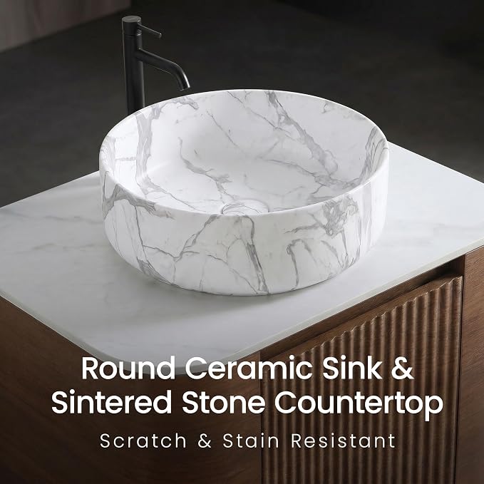 24" Preassembled Floating Bathroom Vanity with Carrara Finish Sink, Walnut | Mid-Century Modern Style, Fluted & Soft-Close Drawer with U-shaped Wall, Sinterted Stone Countertop, Towel Rack Included