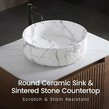 24" Preassembled Floating Bathroom Vanity with Carrara Finish Sink, Walnut | Mid-Century Modern Style, Fluted & Soft-Close Drawer with U-shaped Wall, Sinterted Stone Countertop, Towel Rack Included