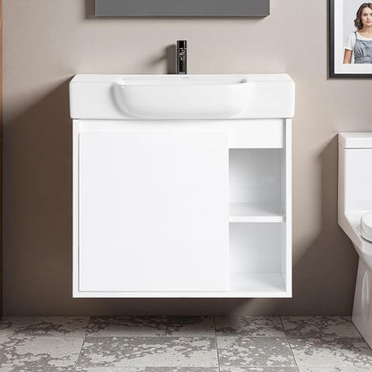 24" Bathroom Vanity with Ceramic Sink, Farmhouse Cabinet, White | Ceramic Sink, Soft-Close Door, Interior Compartment and 2-Tier Open Side Shelves, 45° Inclined Edge Handle