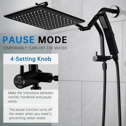 G-Promise 12 Inch All Metal Rain Shower Head with Handheld (Matte Black) | Full Body Coverage, Pause Mode Diverter, Power Wash Mode Handheld, Suits Every Height, Easy to Install, Modern Bath Upgrade