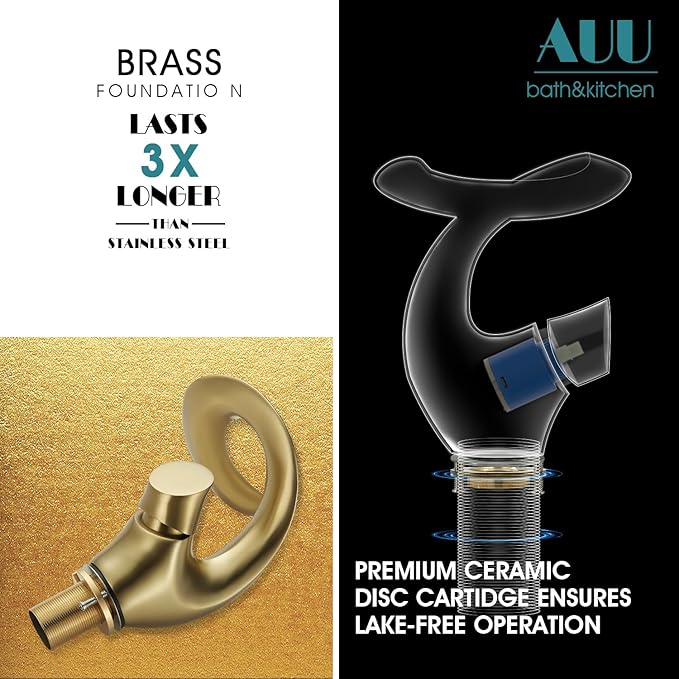 Elegant Alien Brushed Gold Bathroom Sink Faucet Single Hole,AUU Waterfall Vanity Sink Faucet Solid Brass,Single Handle Basin Tap with Pop Up Drian&Deck Plate