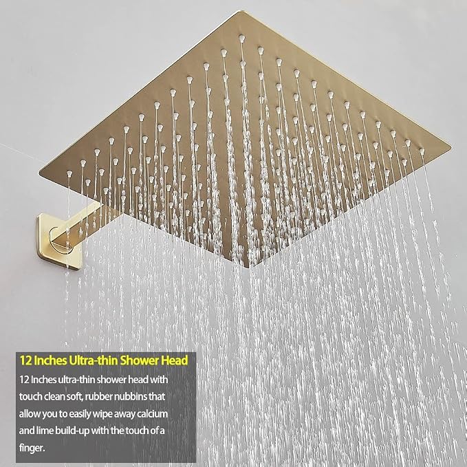 Brushed Gold Shower System 12 Inches Bathroom Luxury Rain Shower Head with Handheld Combo Set Wall Mounted High Pressure Rainfall Shower Head System Shower Faucet with Valve and Trim Kit