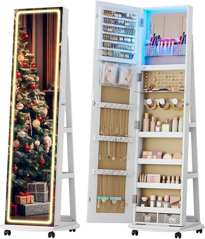 Full Length Jewelry Armoire with LED Mirror 360 Rotating White | Full length LED mirror, 3-color light, 360 rotating base, jewelry storage, makeup tray, shelves, drawers