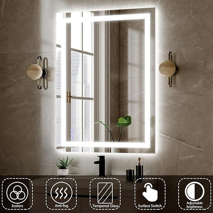 VooBang LED Bathroom Mirror 32 x 40 inches - 3 Adjustable Lighting Modes Lighted Smart Bathroom Vanity Mirror, Anti-Fog, Memory Function, Tempered Glass, Wall Mounted Horizontally Vertically