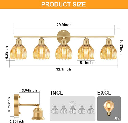 Bathroom Light Fixtures, 5-Light Brushed Gold Vanity Lights for Bathroom with Amber Tulip Glass Shade, 30" Vintage Bathroom Vanity Lighting Fixtures Over Mirror for Bedroom Living Room Hallway
