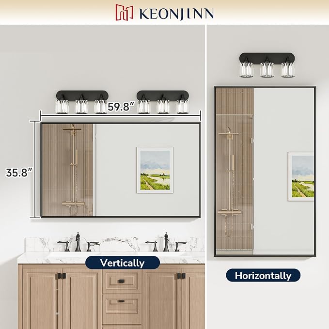 Keonjinn 60 x 36 Inch Brushed Nickel Oversize Bathroom Mirror for Over Sink | Metal Frame, Rectangular Mirror for Wall, Safety Tempered Glass, Square Corner, Ideal for Hallway or Living Room
