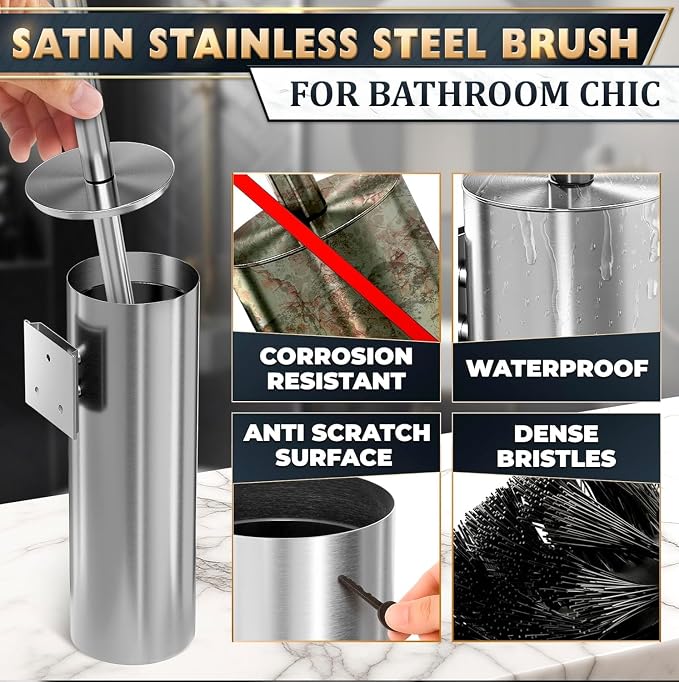 Silver Toilet Brush and Holder Set, Stainless Steel (Wall Mounted) | Bathroom Trash Can and Toilet Brush Set, Splash Protection & Dense Bristles for Bathroom Cleaning, Fits Most Standard Toilets