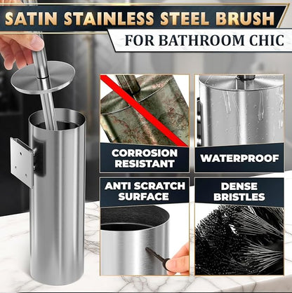 Silver Toilet Brush and Holder Set, Stainless Steel (Wall Mounted) | Bathroom Trash Can and Toilet Brush Set, Splash Protection & Dense Bristles for Bathroom Cleaning, Fits Most Standard Toilets