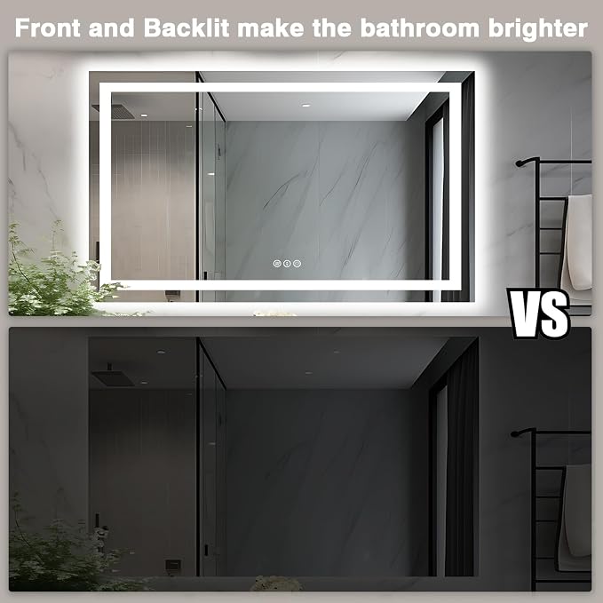 EchosLife 50"x32" LED Lit Bathroom Mirror | Backlit + Front Lit, Anti-Fog, Stepless Dimmable, 3 Colors, Memory, Tempered Glass, UL Listed, Horizontal/Vertical