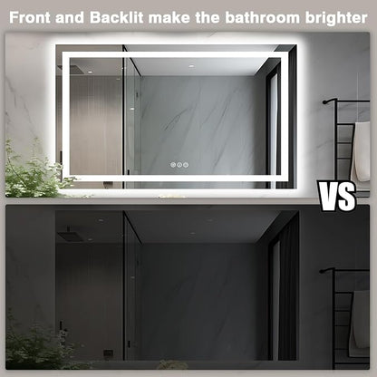 EchosLife 50"x32" LED Lit Bathroom Mirror | Backlit + Front Lit, Anti-Fog, Stepless Dimmable, 3 Colors, Memory, Tempered Glass, UL Listed, Horizontal/Vertical