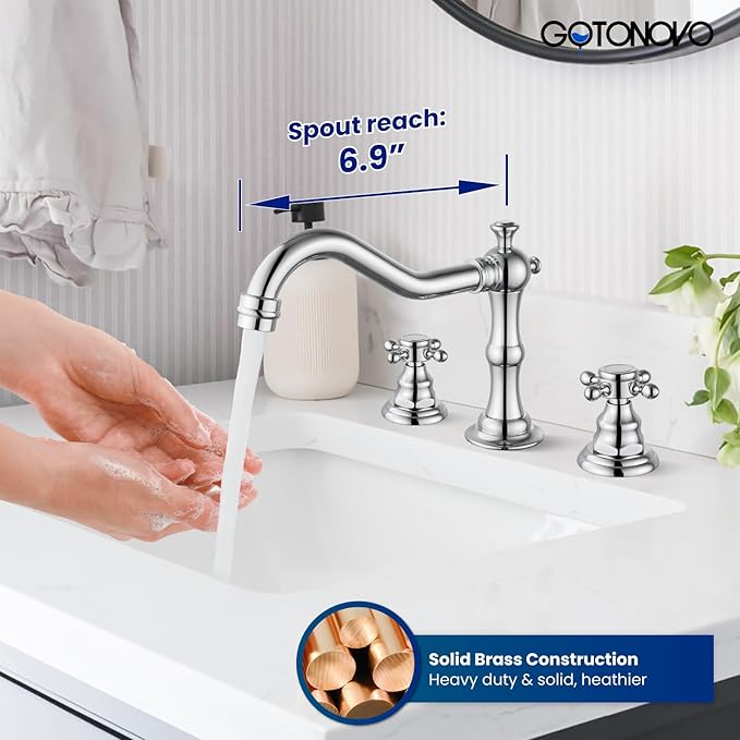 gotonovo 3 Hole Widespread Bathroom Sink Faucet Double Cross Handle Mixer Tap Faucet for Bathroom Sink Vanity Faucet Deck Mount Basin Hot Cold Water Matching Pop Up Drain Polished Chrome