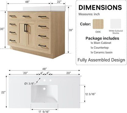 48-Inch Bathroom Vanity with Sink W/ 2 Doors & 8 Drawers & 1 Flip Drawer, Oak Vanity W/Matte Black Handles