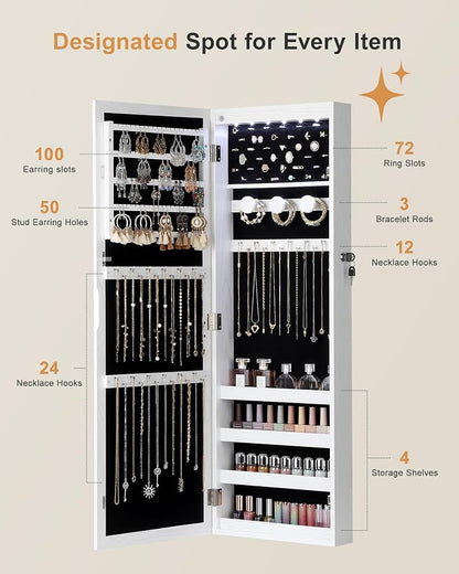 Nicetree 6 LEDs Jewelry Armoire, Hanging Mirror Jewelry Cabinet, White | Over the Door Jewelry Organizer, Lockable Mirror with Jewelry Storage, Auto-on Light, Gift Idea, Easy Assembly