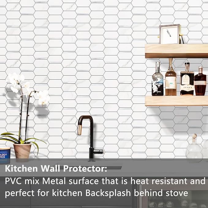 Vamos Tile Long Hexagon Peel and Stick Backsplash Tile - 10 Sheets Stick on Backsplash for Kitchen and Bathroom 12.4 x 12 Inch White Marble Look PVC Mixed Metal Silver Self Adhesive Mosaic Wall Tiles