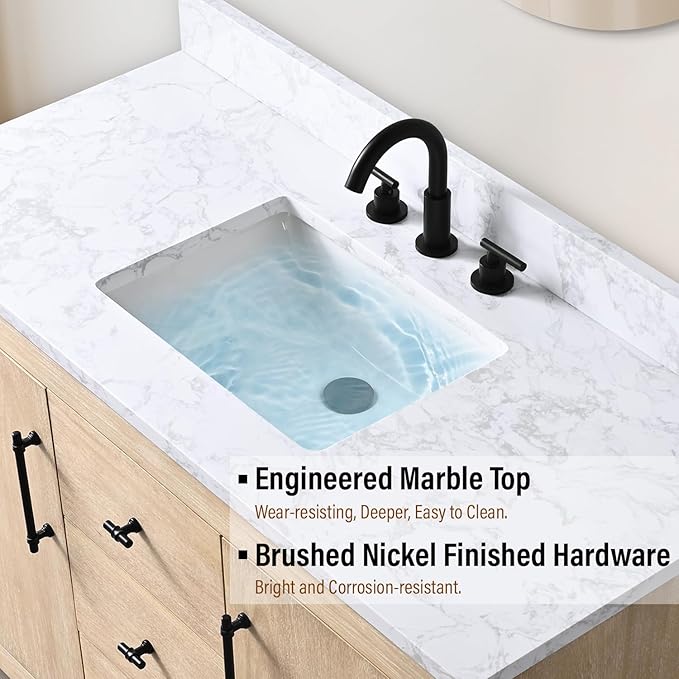 Vanity Art 48" Bathroom Vanity with Sink, Vanity Cabinet with Doors and Shelf, Modern Wood Bathroom Vanity with White Marble Top, Solid Wood Frame, 3 Functioning Drawers,VA70-48-LW-E