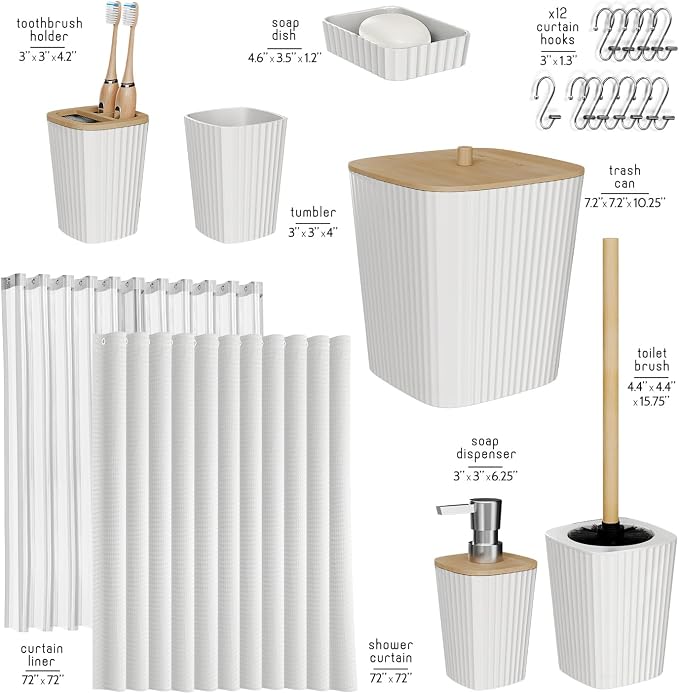 Clara Clark White Bathroom Set, Shower Curtain Set, Bathroom Accessory Set | 20 Piece Bathroom Accessories Set with Toothbrush Holder, Soap Dispenser, Soap Dish, Toilet Brush, and Bathroom Trash Can