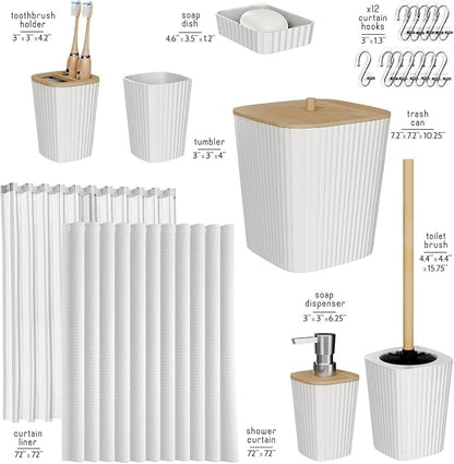 Clara Clark White Bathroom Set, Shower Curtain Set, Bathroom Accessory Set | 20 Piece Bathroom Accessories Set with Toothbrush Holder, Soap Dispenser, Soap Dish, Toilet Brush, and Bathroom Trash Can