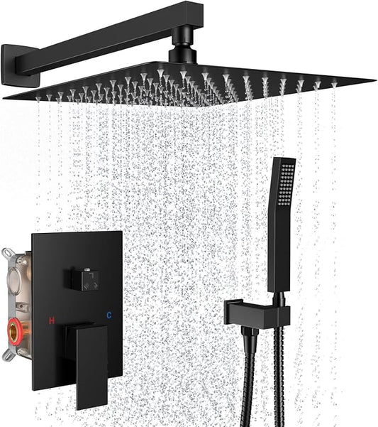 Black Rain Shower System Faucet Set with Handheld, 12 inch | Solid Metal Wall Mount Rainfall Shower Set with Safe Anti-Scald Valve, Air Injection High Pressure Water Saving Combo