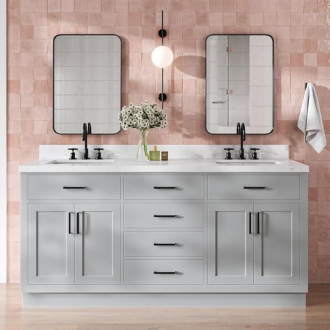 DKB Isabella 72 Inch Bathroom Vanity Double Sink — Grey Bathroom Vanity with Sink, 1.5" Edge Carrara White Quartz Countertop & Backsplash, 4 Soft-Close Doors, 4 Dovetail Drawers, and 2 Tilt Drawers