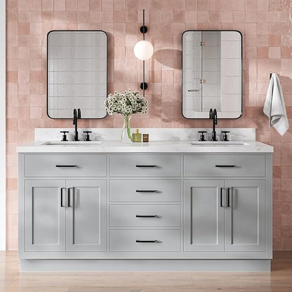 DKB Isabella 72 Inch Bathroom Vanity Double Sink — Grey Bathroom Vanity with Sink, 1.5" Edge Carrara White Quartz Countertop & Backsplash, 4 Soft-Close Doors, 4 Dovetail Drawers, and 2 Tilt Drawers