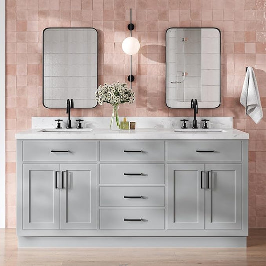 DKB Isabella 72 Inch Bathroom Vanity Double Sink — Grey Bathroom Vanity with Sink, 1.5" Edge Carrara White Quartz Countertop & Backsplash, 4 Soft-Close Doors, 4 Dovetail Drawers, and 2 Tilt Drawers