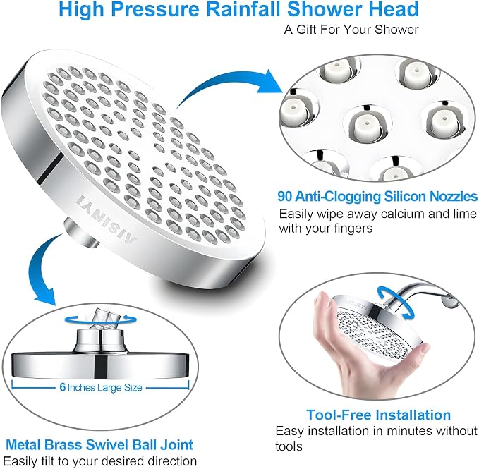 6" High Pressure Rain Shower Head, Luxury Polished Chrome Finish | 6 Inch Fixed Bathroom Showerhead, Adjustable Replacement, 90 Anti-Clog Nozzles, Removable Restrictor, Tool-Free Easy Install