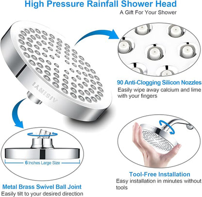 6" High Pressure Rain Shower Head, Luxury Polished Chrome Finish | 6 Inch Fixed Bathroom Showerhead, Adjustable Replacement, 90 Anti-Clog Nozzles, Removable Restrictor, Tool-Free Easy Install