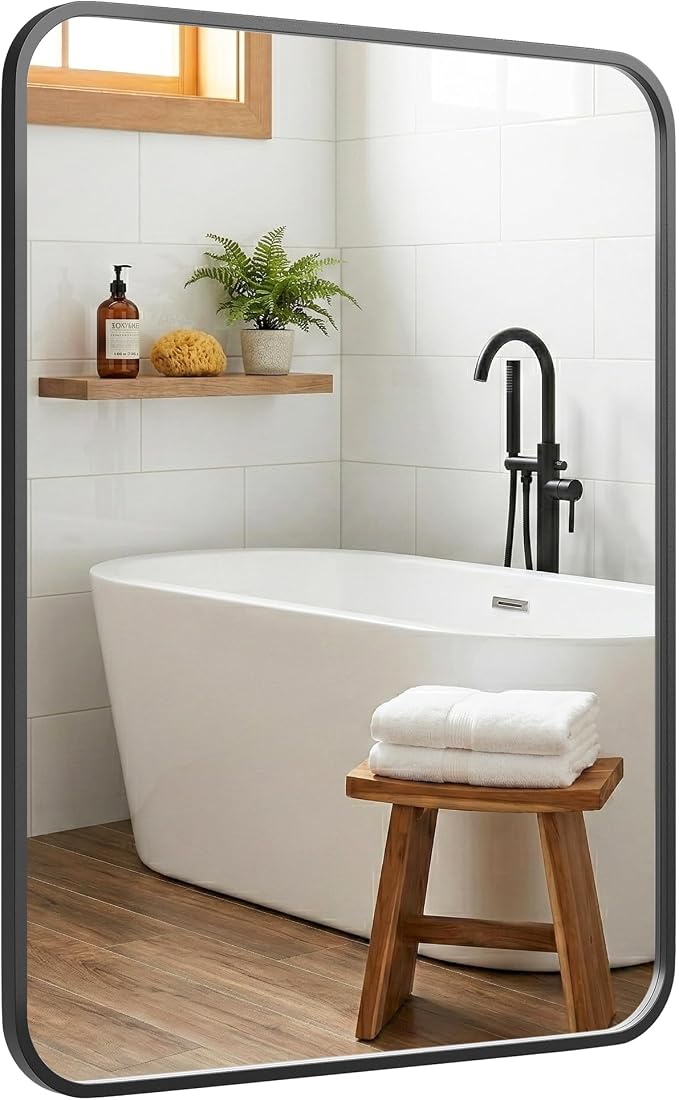 24x36 Inch Matte Black Rounded Rectangle Bathroom Vanity Mirror | For Over-Sink Bathrooms, Powder-Coated Iron Frame, Layered Shadow Box Look, Two-Way Mount, Protective Packaging