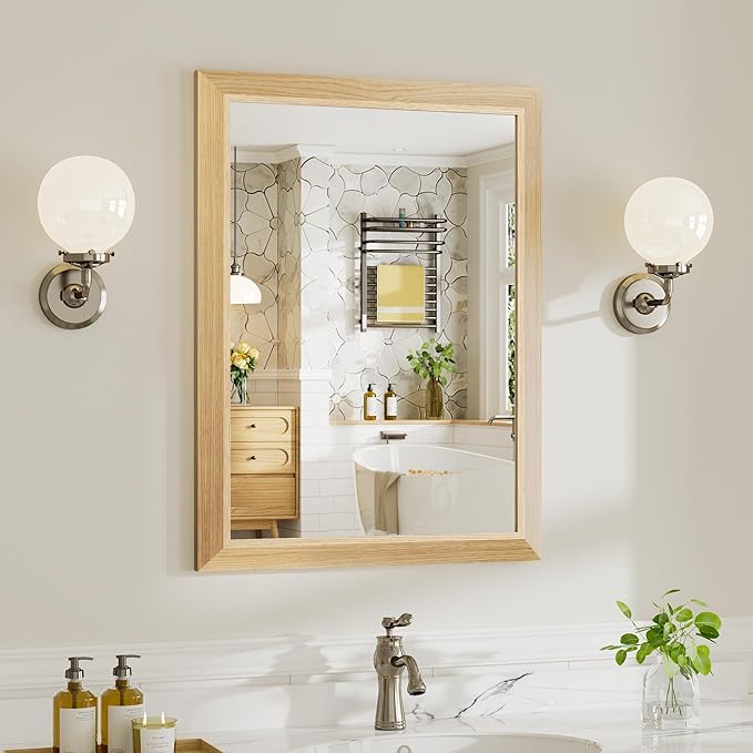 24x32 Inch Bathroom Mirror for Wall, Anti-Rust Oak Wood Grain Metal Framed Bathroom Mirrors for Over Sink,Rectangler Mirrors for Bathroom Vanity, Farmhouse, Bedroom, Living Room, Entryway Decor