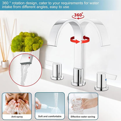 Midanya 8 Inch Widespread Bathroom Sink Faucet 3 Hole,Polish Chrome | Waterfall Swivel Spout,2 Handle,SUS304,with Pop Up Drain,cUPC 24" Water Hose,for 6-16” hole distance vanity,RV,Farmhouse Sink