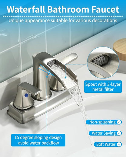 Fapully Bathroom Faucet, Waterfall Bathroom Sink Faucet Widespread, 4 Inch Centerset Brushed Nickel Faucet for Bathroom Sink with Pop-up Drain