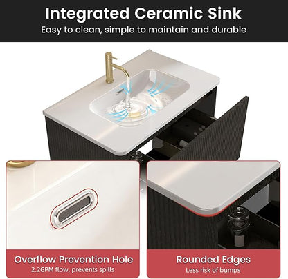 30" Floating Bathroom Vanity with Sink, Modern Wall Mounted Floating Vanity with Ceramic Sink, Push to Open Soft-Close Drawer for Apartment, Hotel, Blackish Brown Oak
