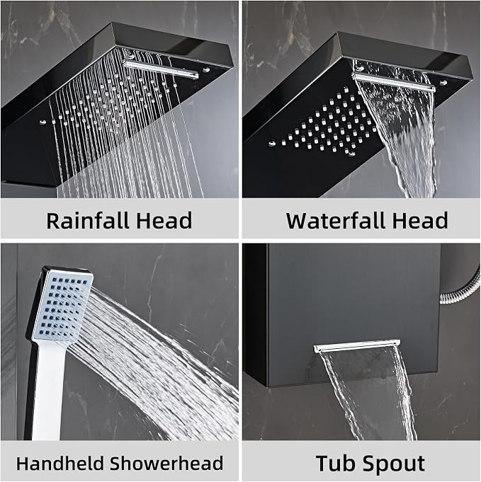 6 in1 Multi-Function Shower Panel Tower System-Brushed Black | 304 stainless steel Shower Panel Column Tower with Powerful Body Massage, Rainfall, Waterfall,Handheld and Tub Spout