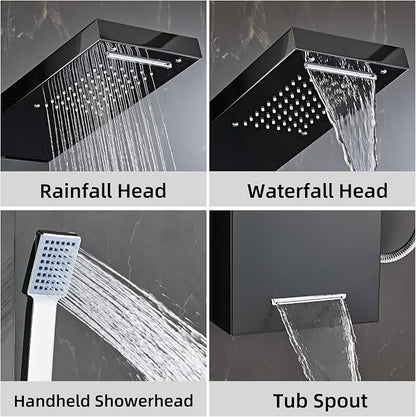 6 in1 Multi-Function Shower Panel Tower System-Brushed Black | 304 stainless steel Shower Panel Column Tower with Powerful Body Massage, Rainfall, Waterfall,Handheld and Tub Spout