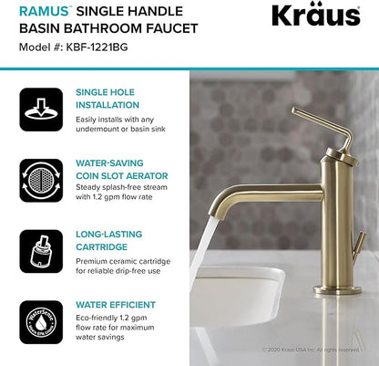 KRAUS Ramus Single Handle Bathroom Sink Faucet with Lift Rod Drain in Matte Black, KBF-1221MB