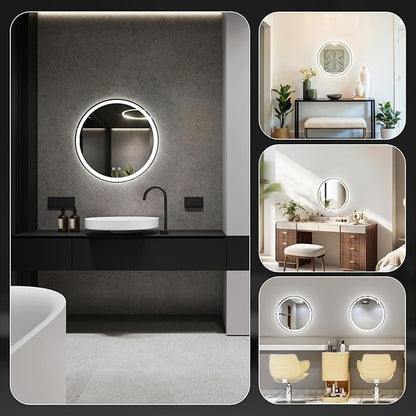 DUMOS 24 Inch Round LED Bathroom Mirror with Lights, Circle Vanity Mirror | Anti-Fog, Dimmable, 3-Color Light, Front Light and Backlit, Memory Function, Tempered Glass