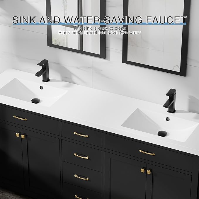 LUCKWIND 72" Bathroom Vanity and Sink Combo, Painted Modern Bathroom Storage Cabinet with Double Large Sink, Four Doors and Three Drawers, Include Faucet, Without Mirror, Black
