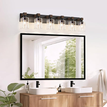 Farmhouse Black 6-Light Bathroom Vanity Light, Square Glass Shade | Vintage Rustic Design, Wood Grain Finish, Matte Black Metal, Wall Mount Over Mirror Lighting Fixtures for Bathroom Restroom