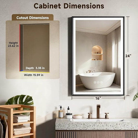 16X24 Inches Framed Medicine Cabinet with Lights, Bathroom Medicine Cabinet with 3-Color/Dimmable, Anti-Fog, Plug-in & Hardwired, Surface Mount & Recessed