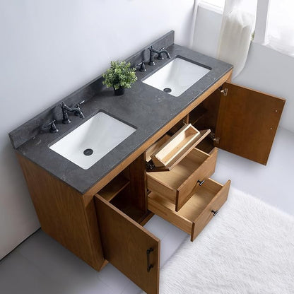 Vanity Art 60 inch Double Sink Bathroom Vanity, Solid Poplar Wood, Vanity Cabinet with Doors and Shelf, Modern Wood Bathroom Vanity with Black Marble Top, 3 Functioning Drawers, VA70-60-DT-B
