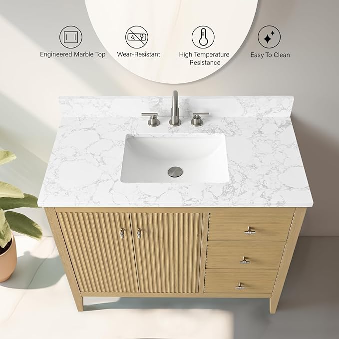 Vanity Art 42 inch Bathroom Vanity with Single Sink & Ceramic Top, Vanity Cabinet with Soft-Closing Door, Solid Wood Frame, Linear Pattern, Natural Oak, Golden Brushed Handware VA9142-NO-GB